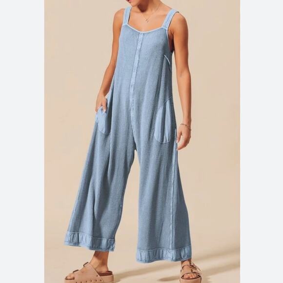 Pants - Boutique Mineral Wash Waffle Knit Open Back Jumpsuit